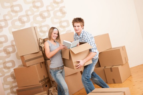 Van and mover handling packed household items during transport