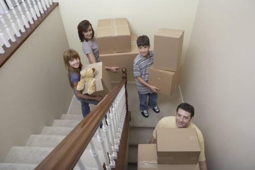 Packed office boxes and workspace items ready for relocation