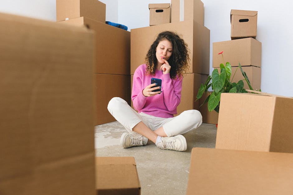 A man and a woman inside a room filled with packed cardboard boxes, some labeled with items like 'books,' during a home relocation process. The man, dressed in a grey hoodie, is sitting on the floor leaning against boxes and looking attentively at the woman, who is holding a book or folder and appears to be reading or reviewing documents. The room has a large window in the background letting in natural light, with dark curtains partially pulled back. The boxes vary in size and are stacked near the window and along the walls, some open with packing materials visible. The scene captures the logistics of furniture transport and packing in a residential setting, with cardboard and plastic wrapping materials used for protection, and a van or moving vehicle likely nearby as part of the loading process. The environment suggests an ongoing move coordinated by [COMPANY_NAME], a professional removals company, as part of a house move or furniture transport operation.