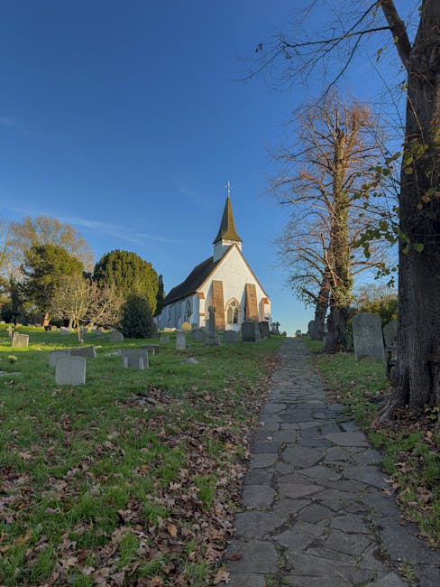 A narrow, uneven stone pathway leads up a gentle incline through a grassy area with scattered fallen leaves, flanked by leafless trees and gravestones. The pathway passes directly in front of a small, white church with a pointed steeple, set against a clear blue sky. In the foreground, part of a large tree and some smaller bushes are visible on the right side. The scene appears to be part of a churchyard or cemetery, with mature trees providing partial shade. The image captures a tranquil, outdoor setting suitable for a home relocation or moving services company demonstrating a heritage or rural property, as seen in the external environment associated with the process of transporting household items or furniture from a property with historical or scenic surroundings.